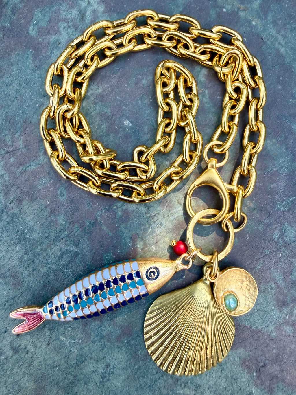 Multicolor Enamel Fish Charm Necklace — Vintage Brass, 19"