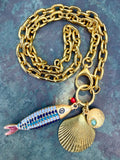 Multicolor Enamel Fish Charm Necklace — Vintage Brass, 19"