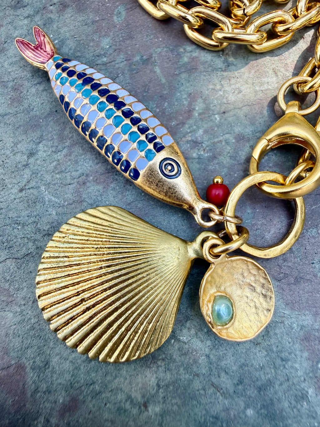Multicolor Enamel Fish Charm Necklace — Vintage Brass, 19"
