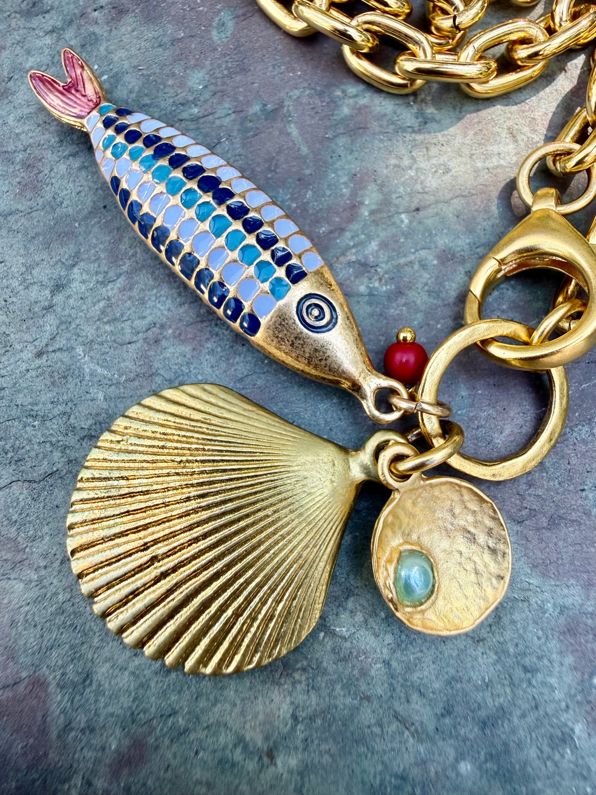Multicolor Enamel Fish Charm Necklace — Vintage Brass, 19"