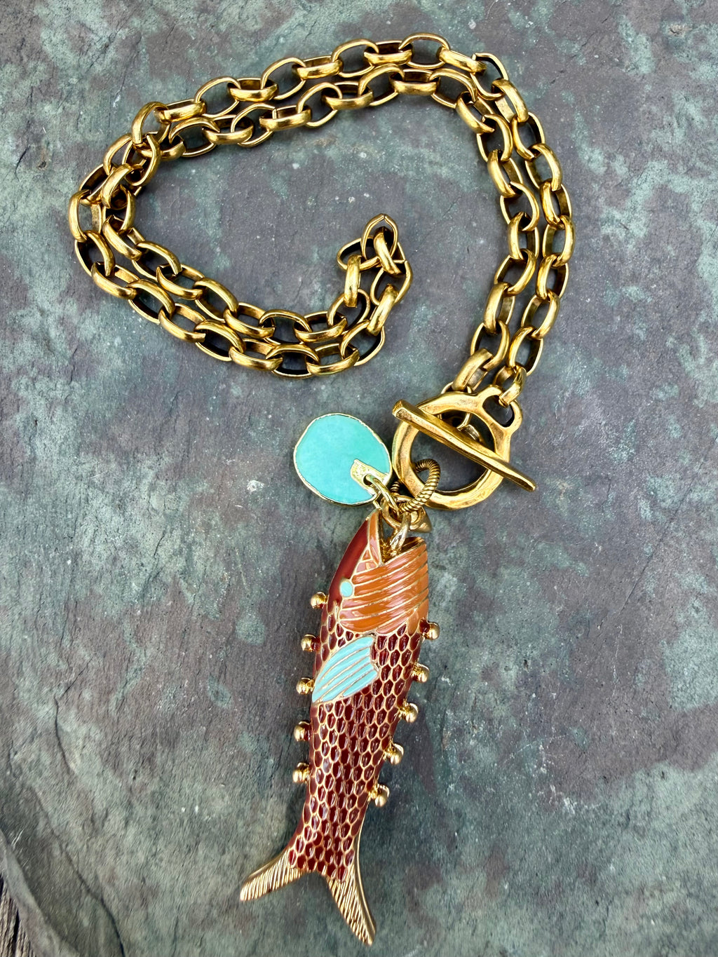 Cognac & Aqua Enamel Fish Charm Necklace — Vintage Brass, 17"