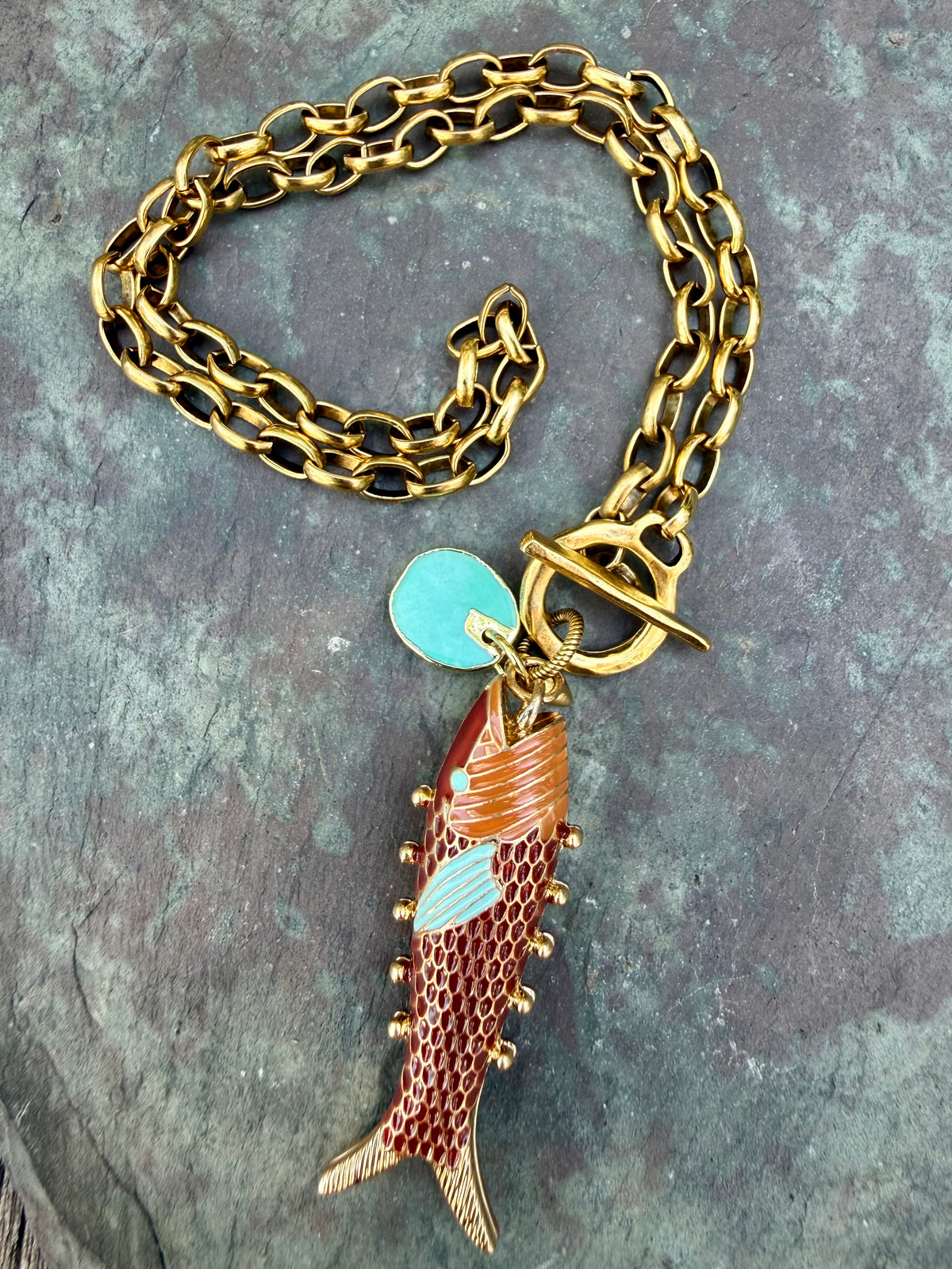 Cognac & Aqua Enamel Fish Charm Necklace — Vintage Brass, 17"