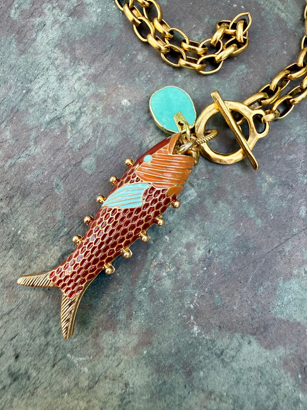 Cognac & Aqua Enamel Fish Charm Necklace — Vintage Brass, 17"