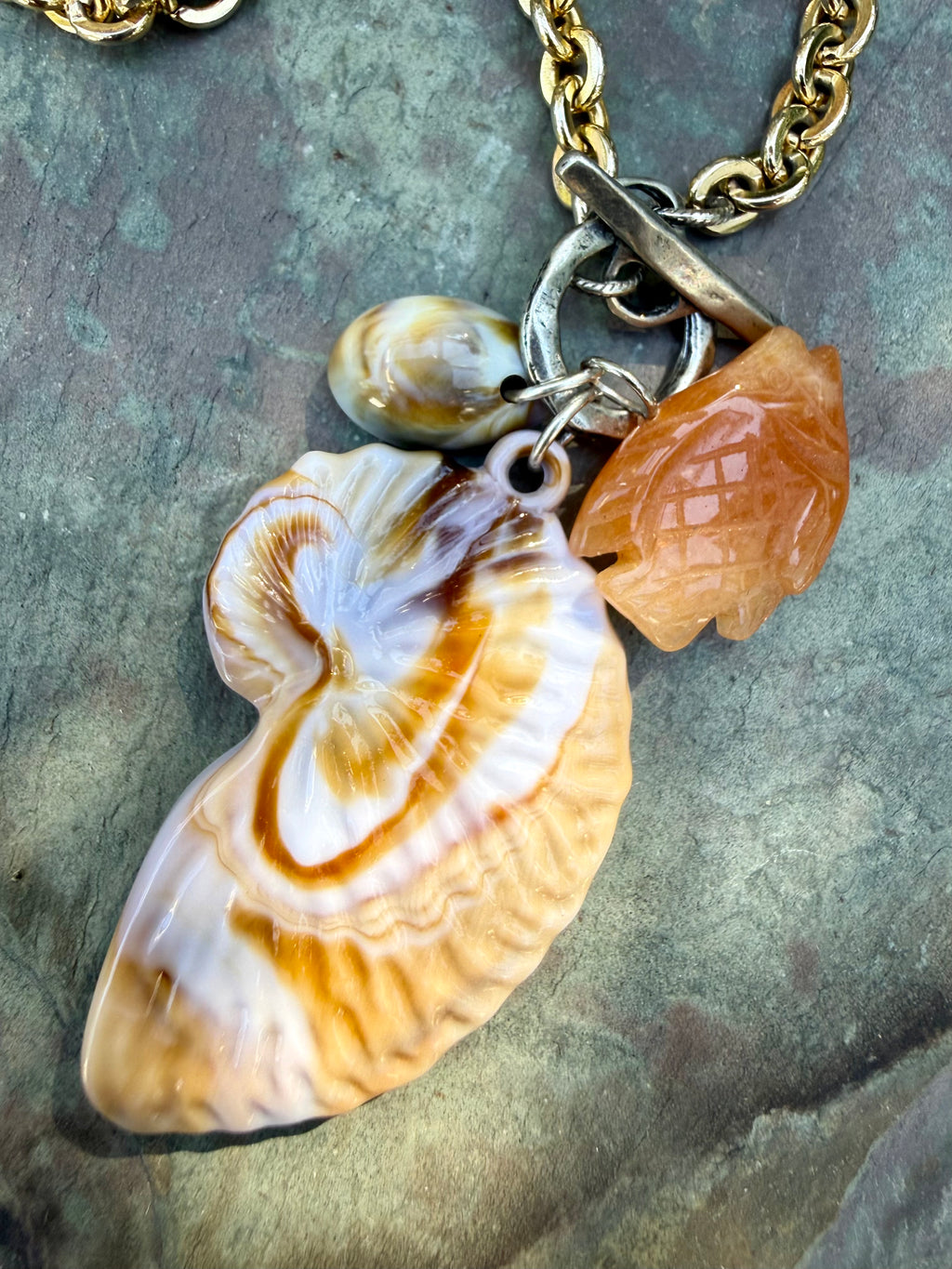 Marbled Nautilus Shell Necklace — Mixed Metal, Jade and Acrylic, 19"