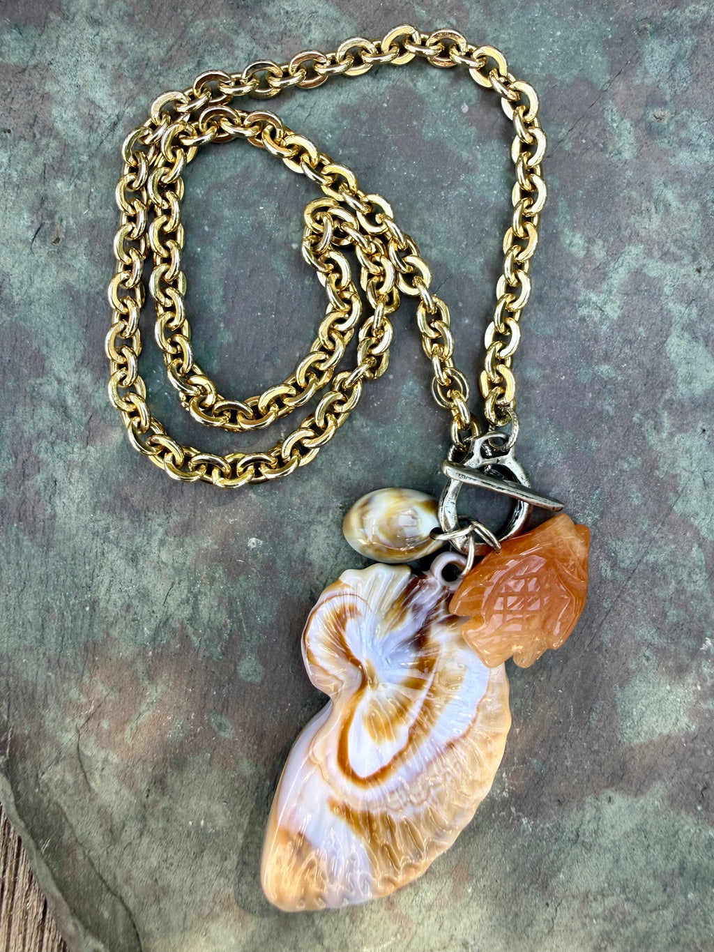 Marbled Nautilus Shell Necklace — Mixed Metal, Jade and Acrylic, 19"