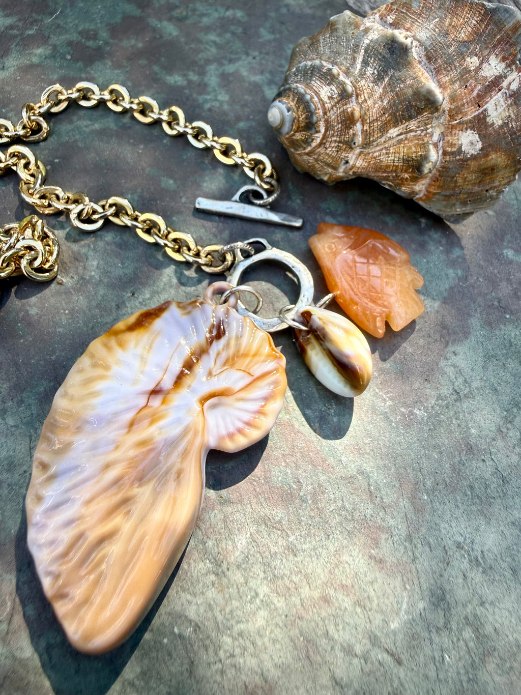 Marbled Nautilus Shell Necklace — Mixed Metal, Jade and Acrylic, 19"