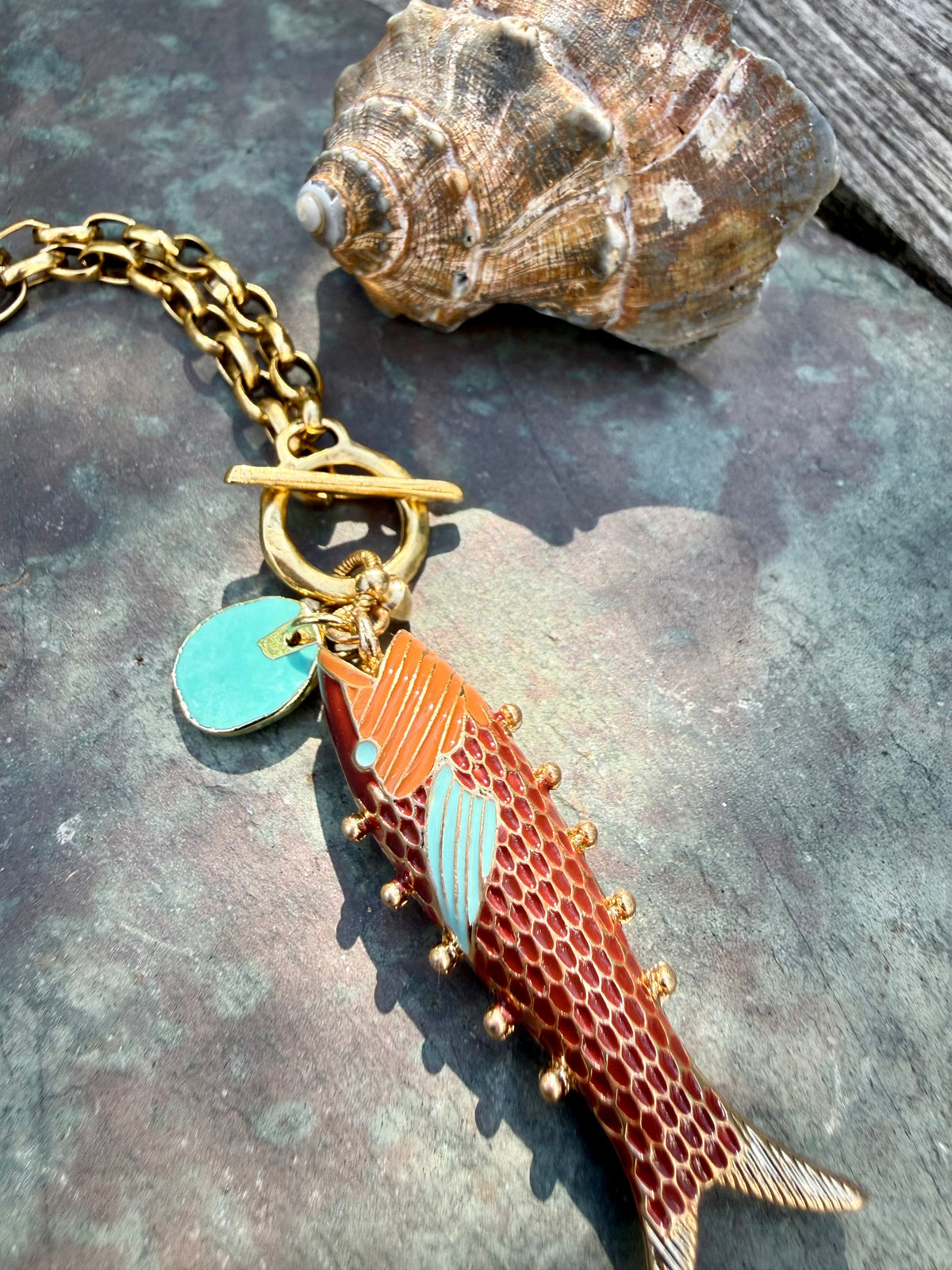 Cognac & Aqua Enamel Fish Charm Necklace — Vintage Brass, 17"
