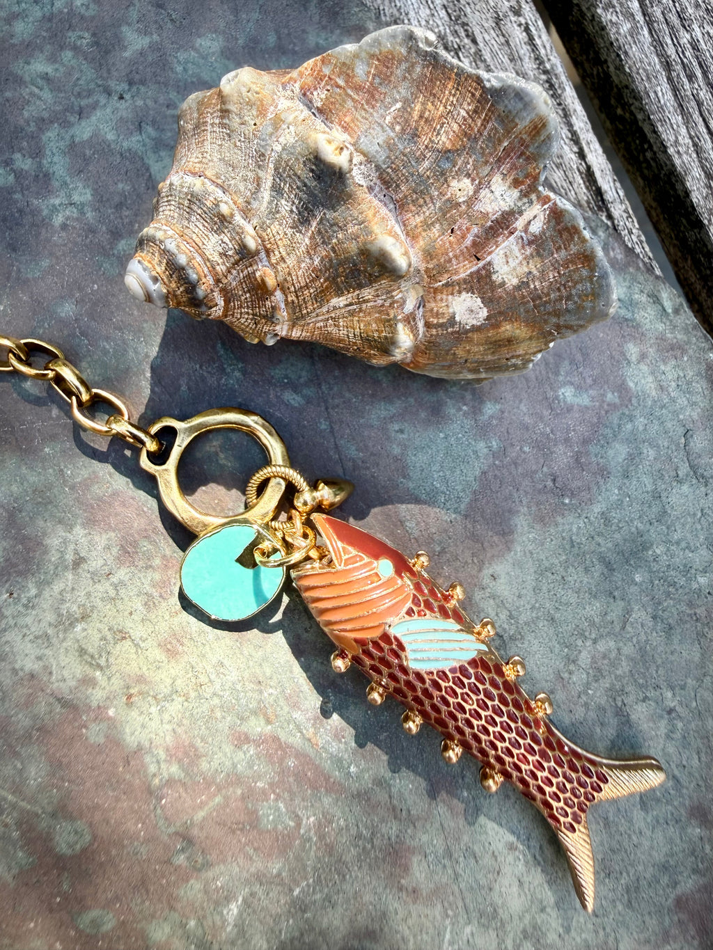 Cognac & Aqua Enamel Fish Charm Necklace — Vintage Brass, 17"