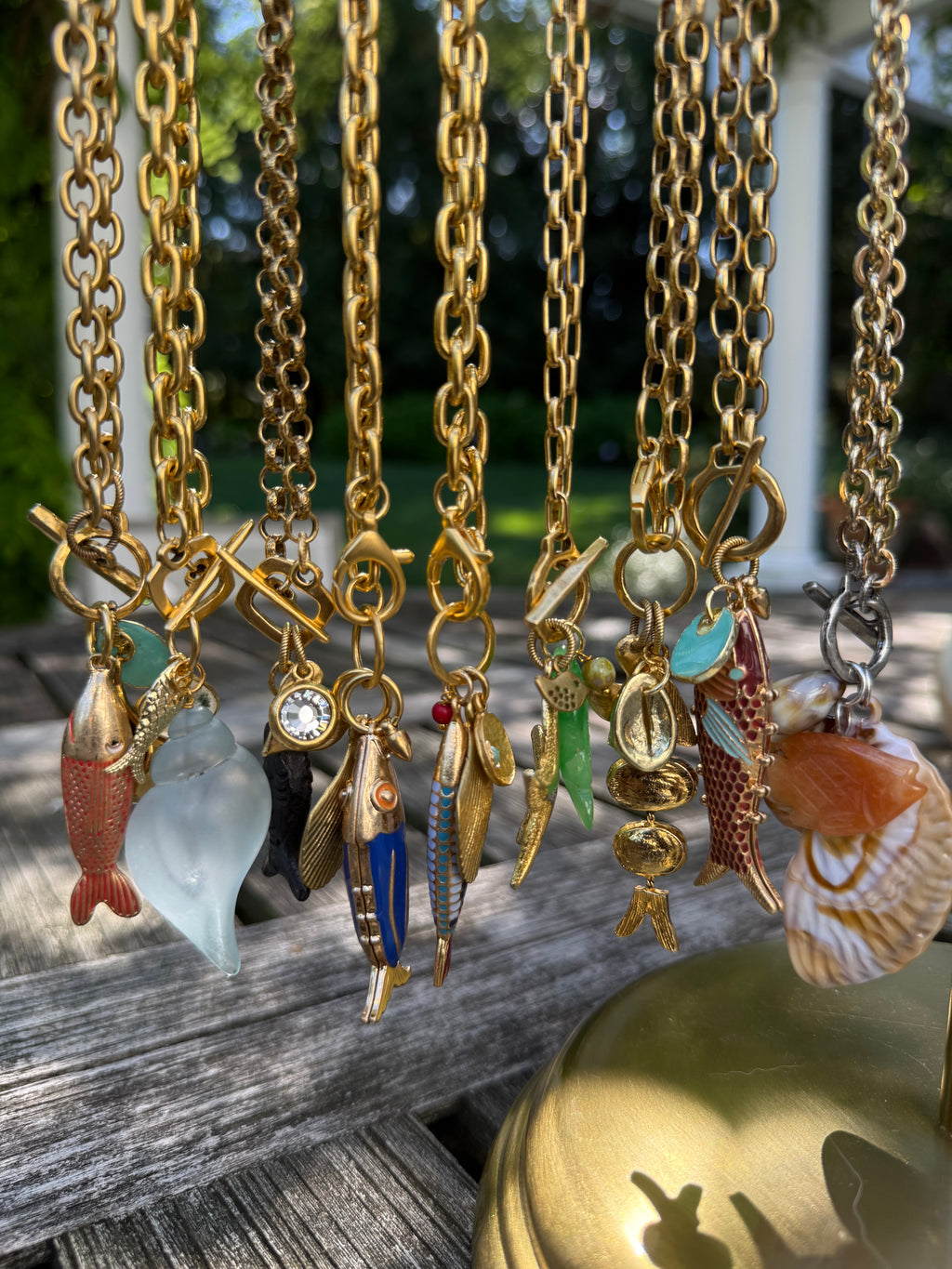 Cognac & Aqua Enamel Fish Charm Necklace — Vintage Brass, 17"