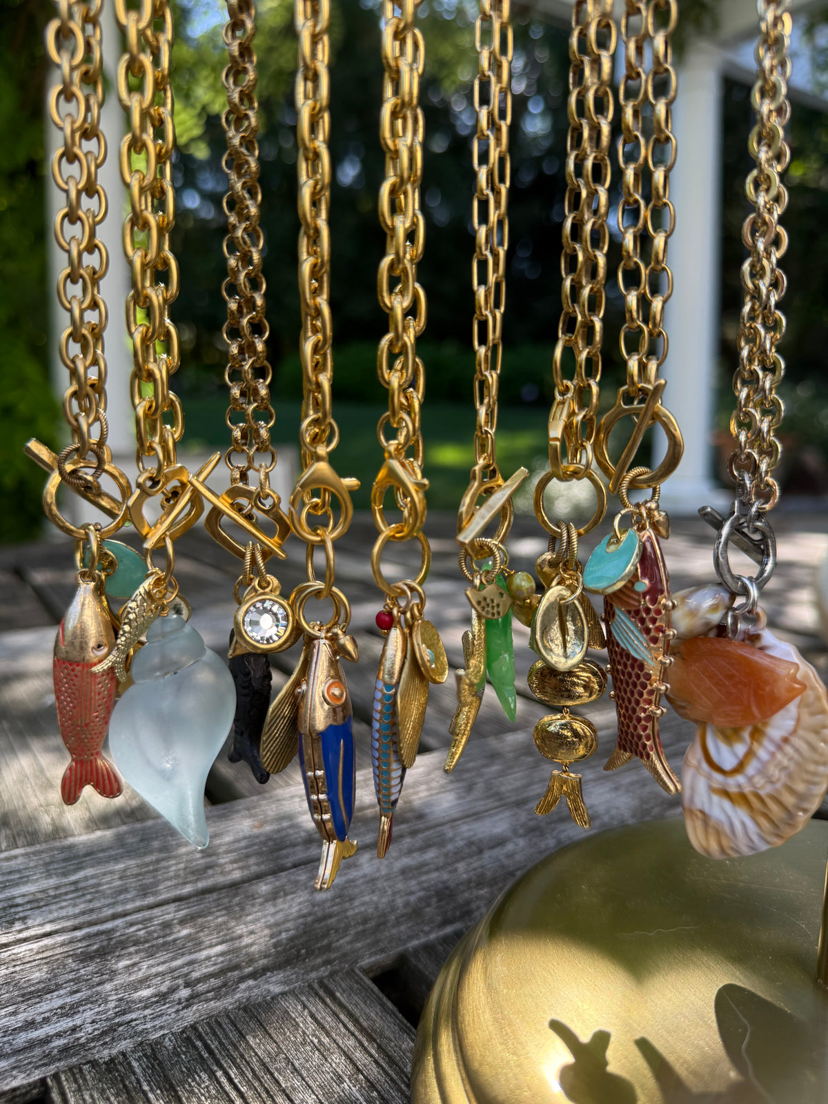 Cognac & Aqua Enamel Fish Charm Necklace — Vintage Brass, 17"
