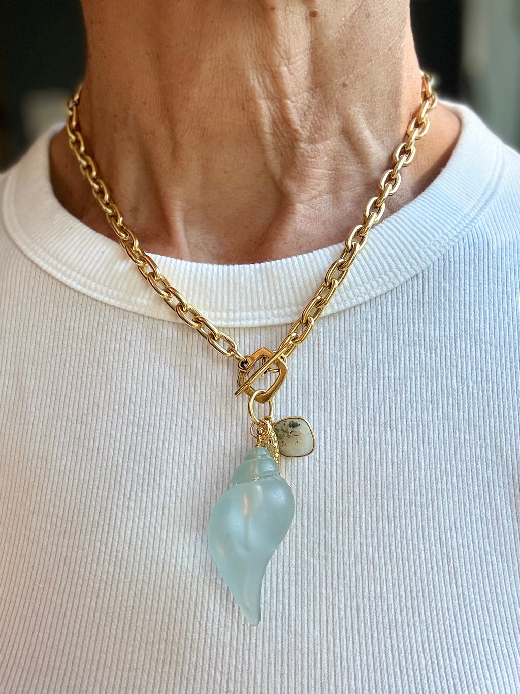 pale blue, acrylic shell with gold fish and agate charm on gold link chain, front toggle closure
