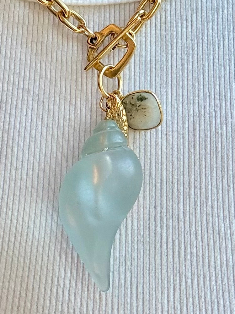 Pale Blue Shell Charm Necklace — Acrylic & Agate, 18"