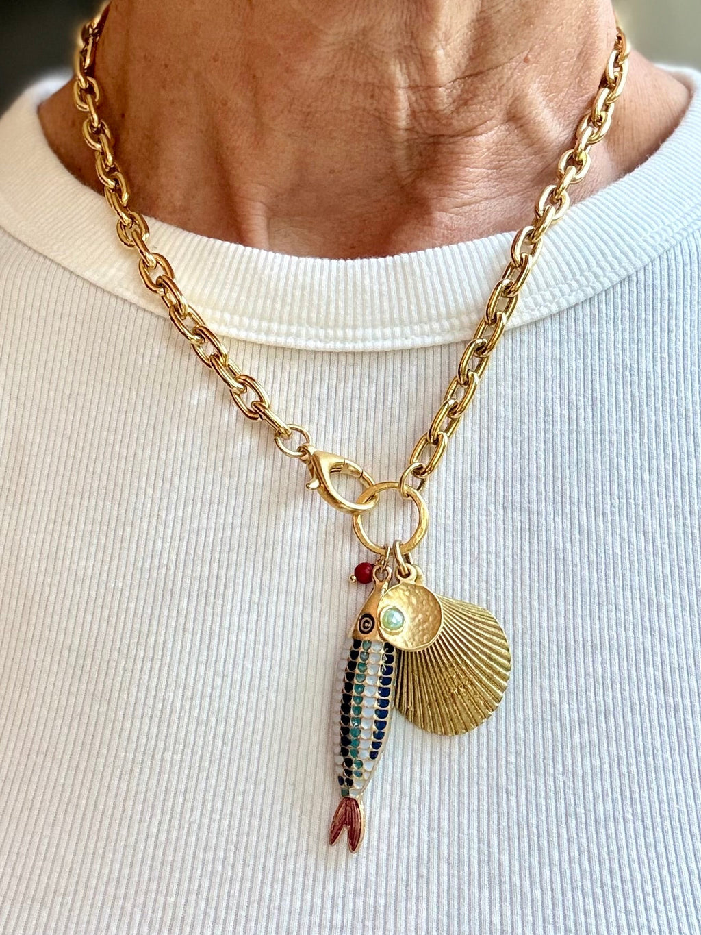 Multicolor Enamel Fish Charm Necklace — Vintage Brass, 19"