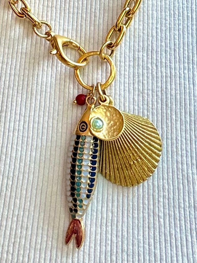 Multicolor Enamel Fish Charm Necklace — Vintage Brass, 19"