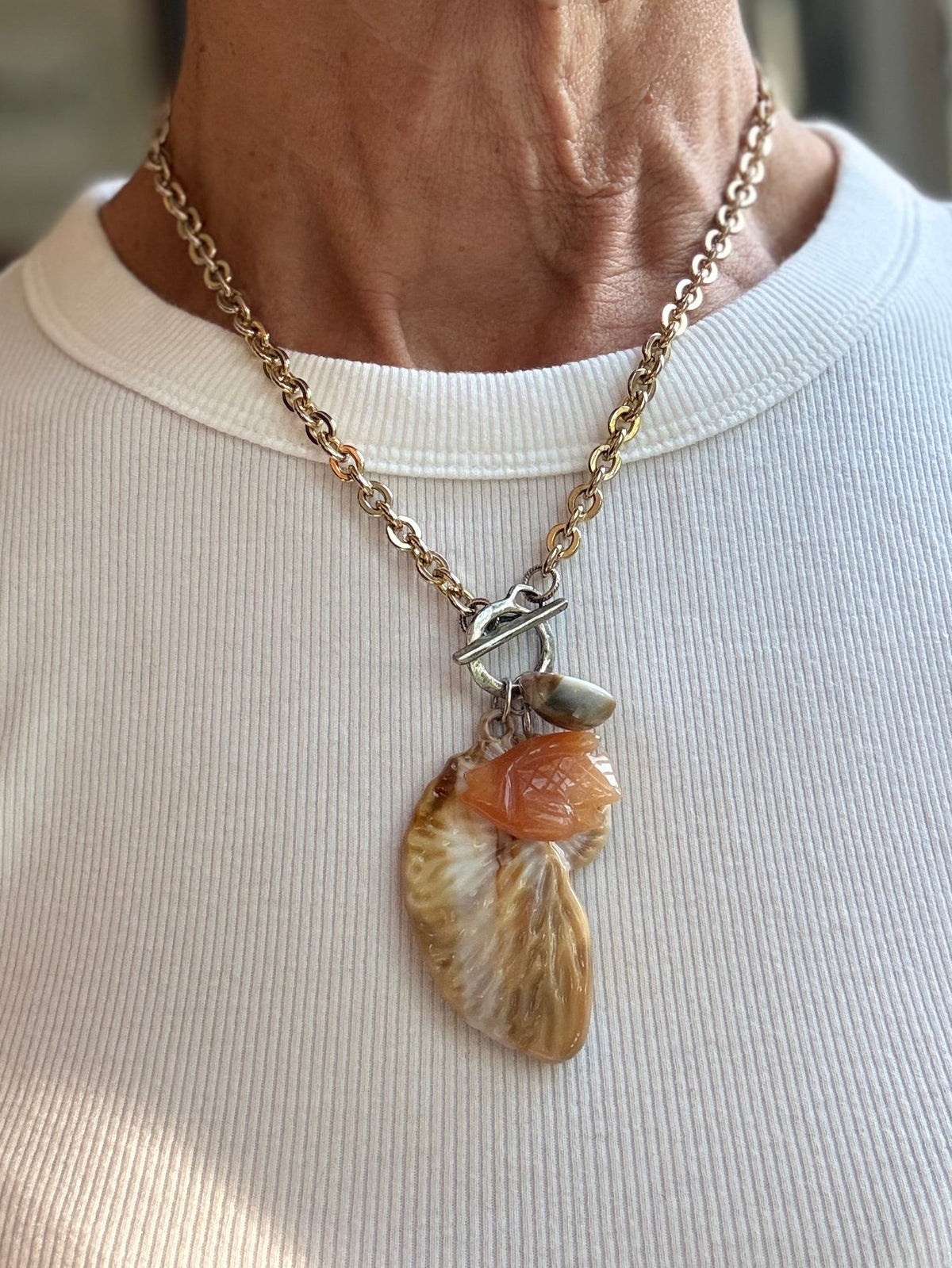 Marbled Nautilus Shell Necklace — Mixed Metal, Jade and Acrylic, 19"