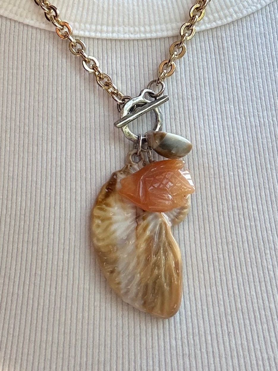 Marbled Nautilus Shell Necklace — Mixed Metal, Jade and Acrylic, 19"