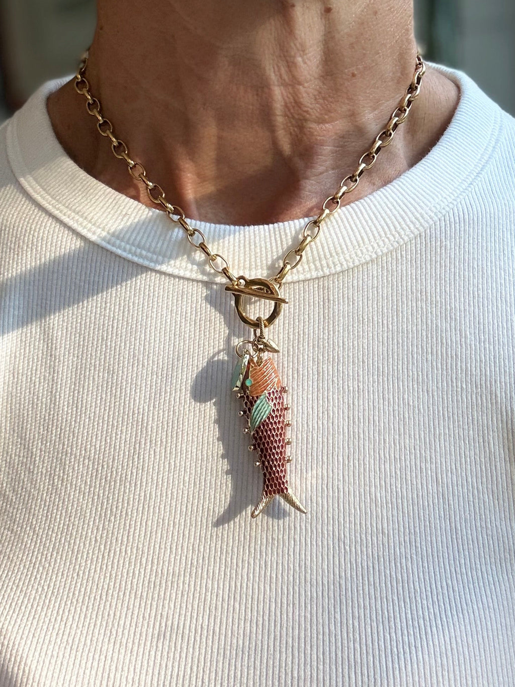 Cognac & Aqua Enamel Fish Charm Necklace — Vintage Brass, 17"