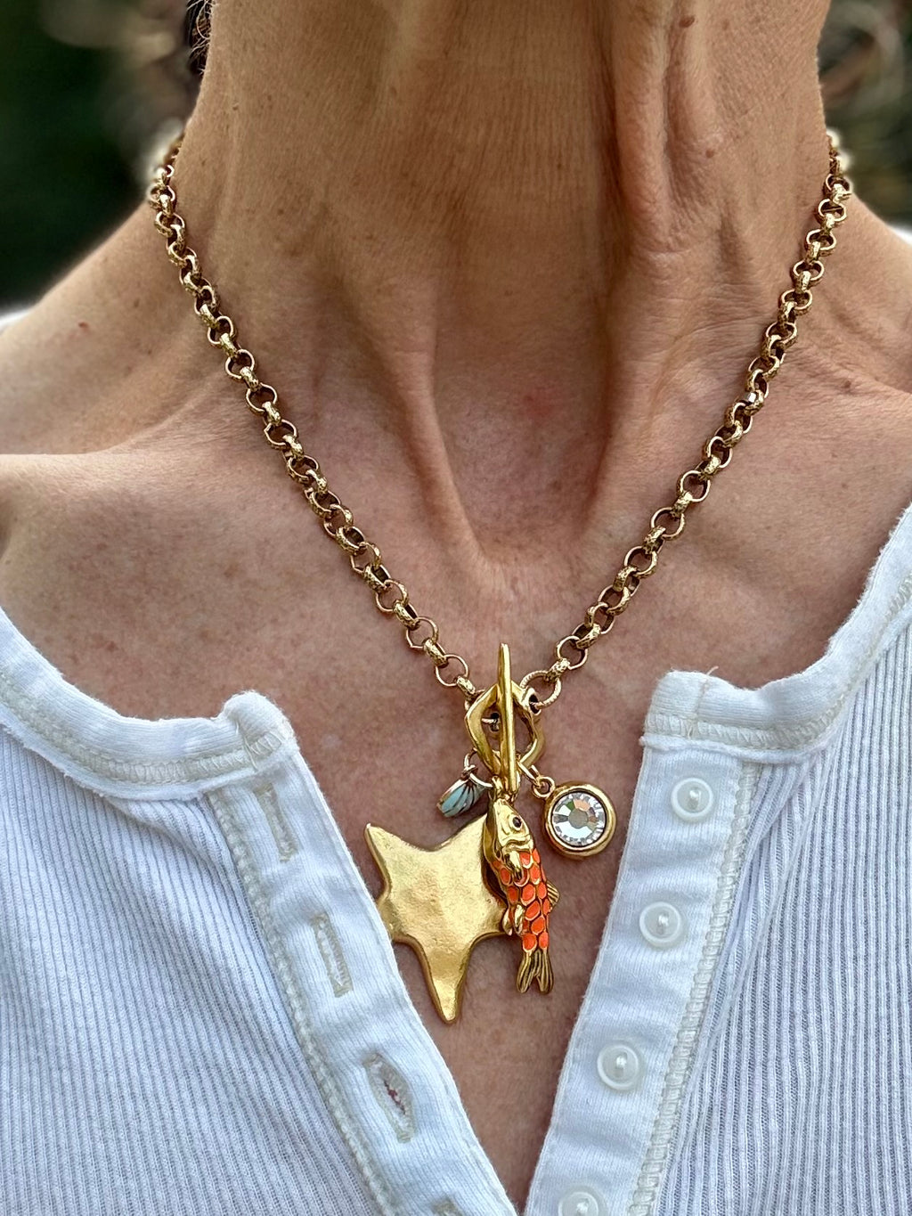 Baby Orange Fish Necklace — Enamel & Swarovski Crystal, 19"