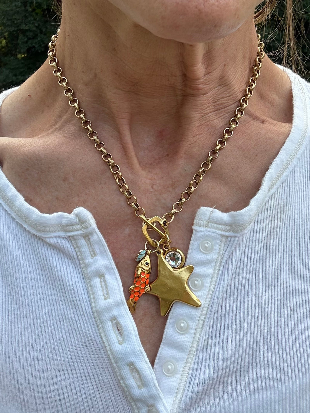 Baby Orange Fish Necklace — Enamel & Swarovski Crystal, 19"