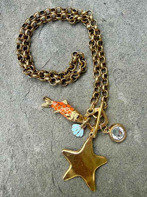 Baby Orange Fish Necklace — Enamel & Swarovski Crystal, 19"