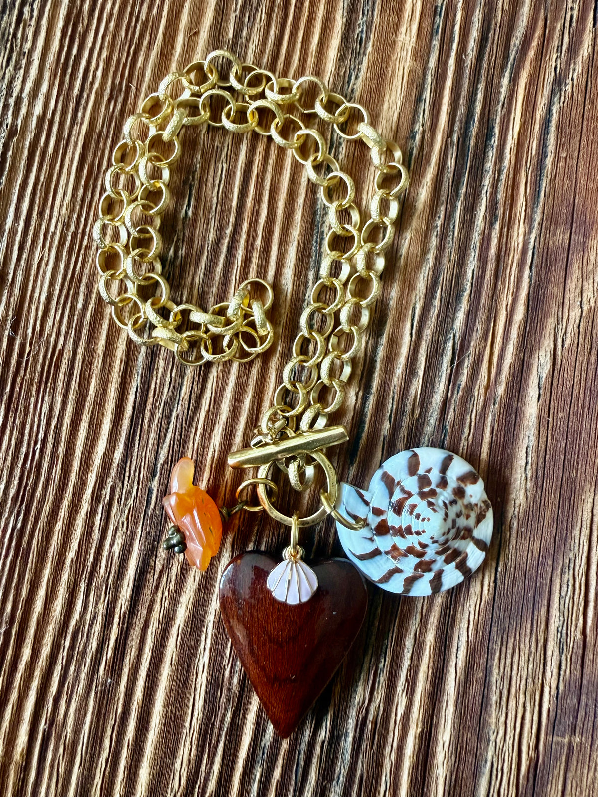 Cone Shell, Turtle and Wood Heart Necklace — Sea Charm Cluster 18"
