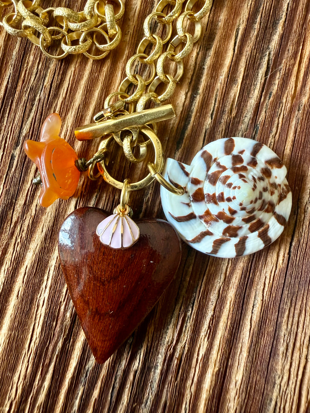 Cone Shell, Turtle and Wood Heart Necklace — Sea Charm Cluster 18"