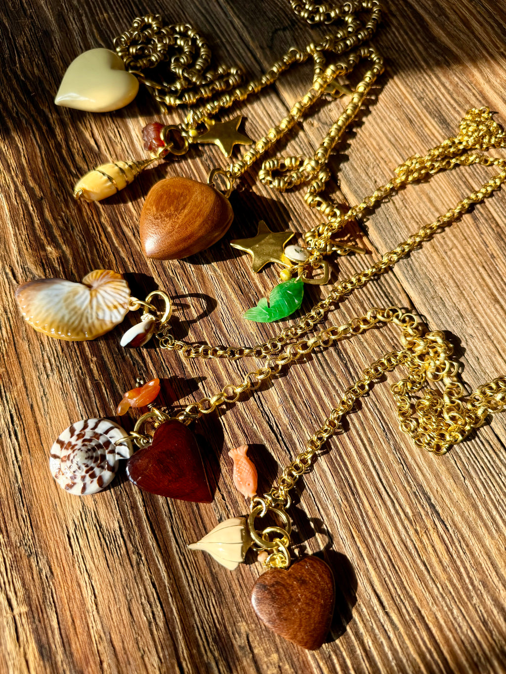 Cone Shell, Turtle and Wood Heart Necklace — Sea Charm Cluster 18"