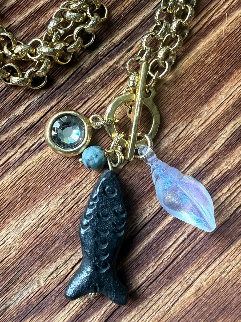 Carved Black Fish and Swarovski Pendant Necklace — Sea Charm Cluster 18"