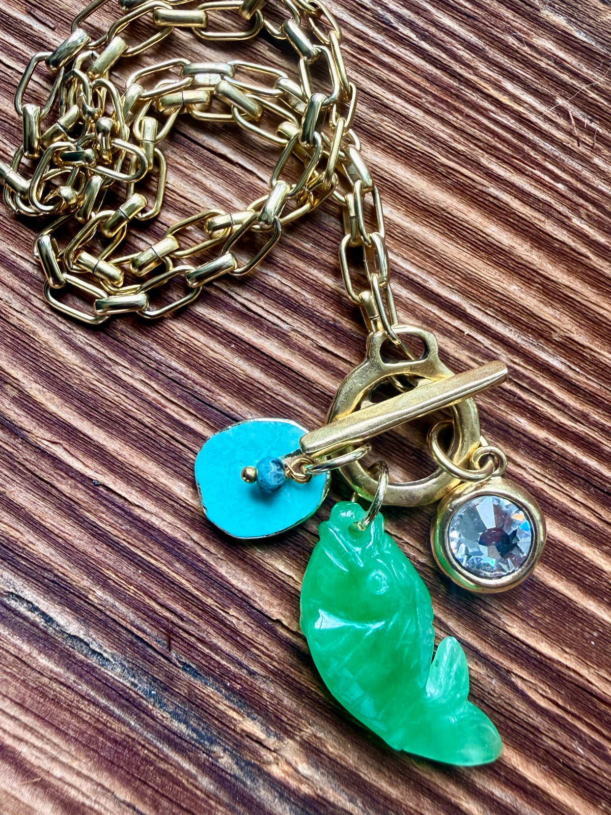 Green Jade Fish & Swarovski Crystal Necklace — Jade Charm Cluster 18"