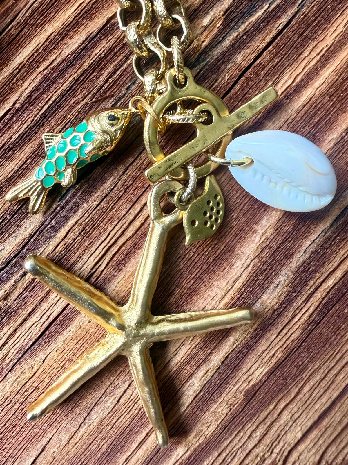 Sea Star (Starfish) Enamel Fish and Shell Necklace — Sea Charm Cluster 18"