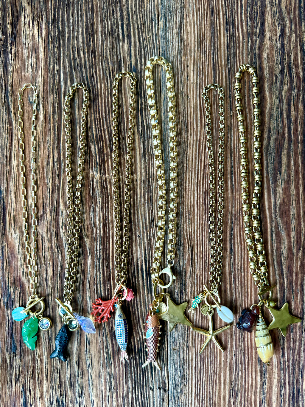 Sea Star (Starfish) Enamel Fish and Shell Necklace — Sea Charm Cluster 18"