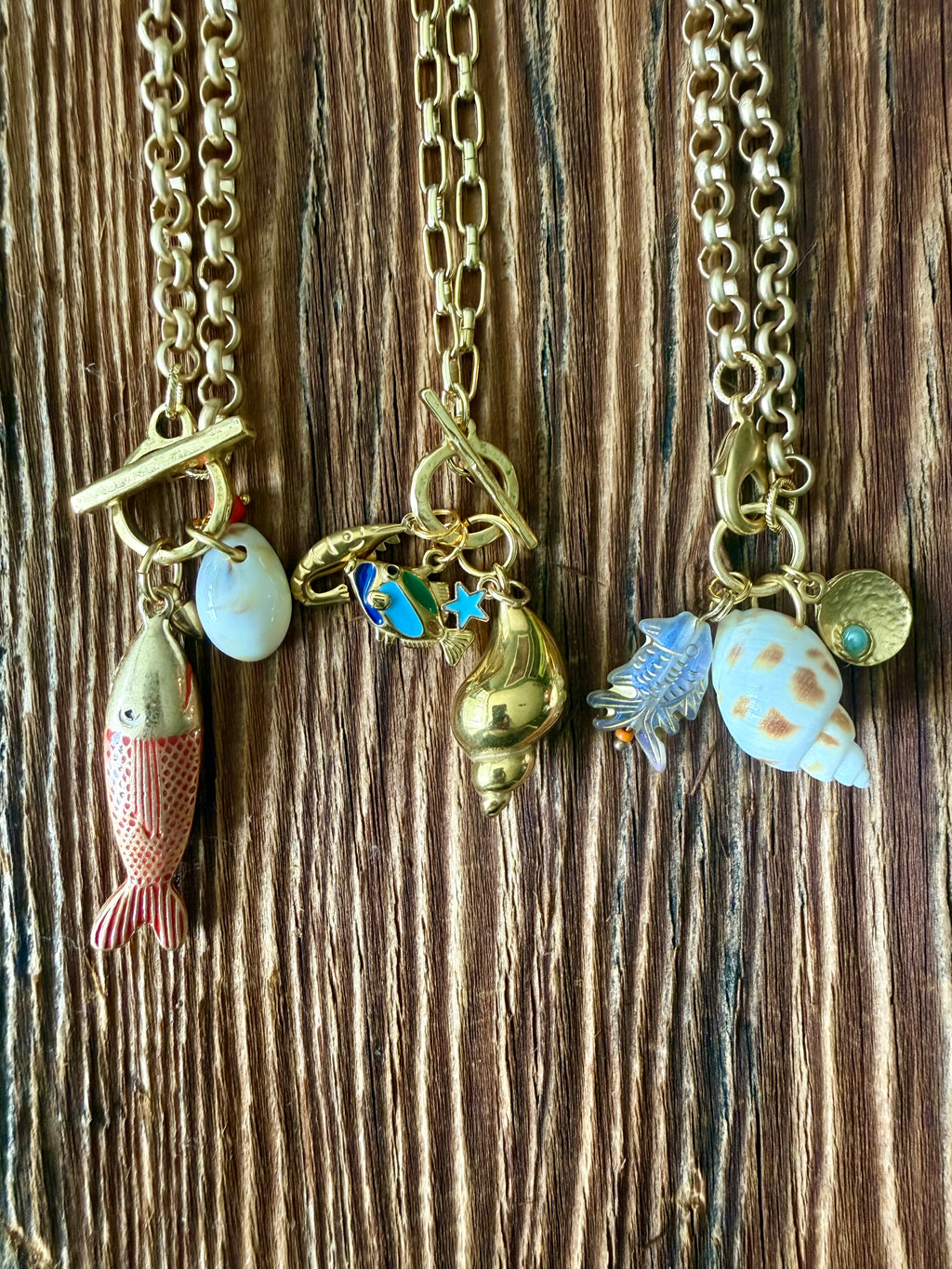 Enamel and Brass Fish Charm Necklace — Charm Cluster 18"