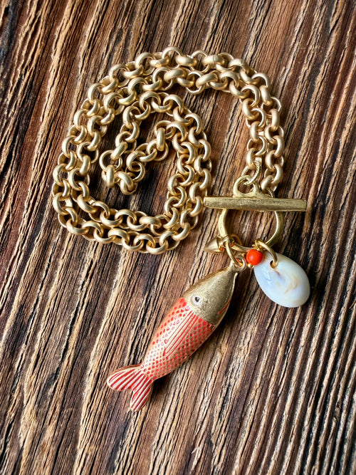 Enamel and Brass Fish Charm Necklace — Charm Cluster 18"