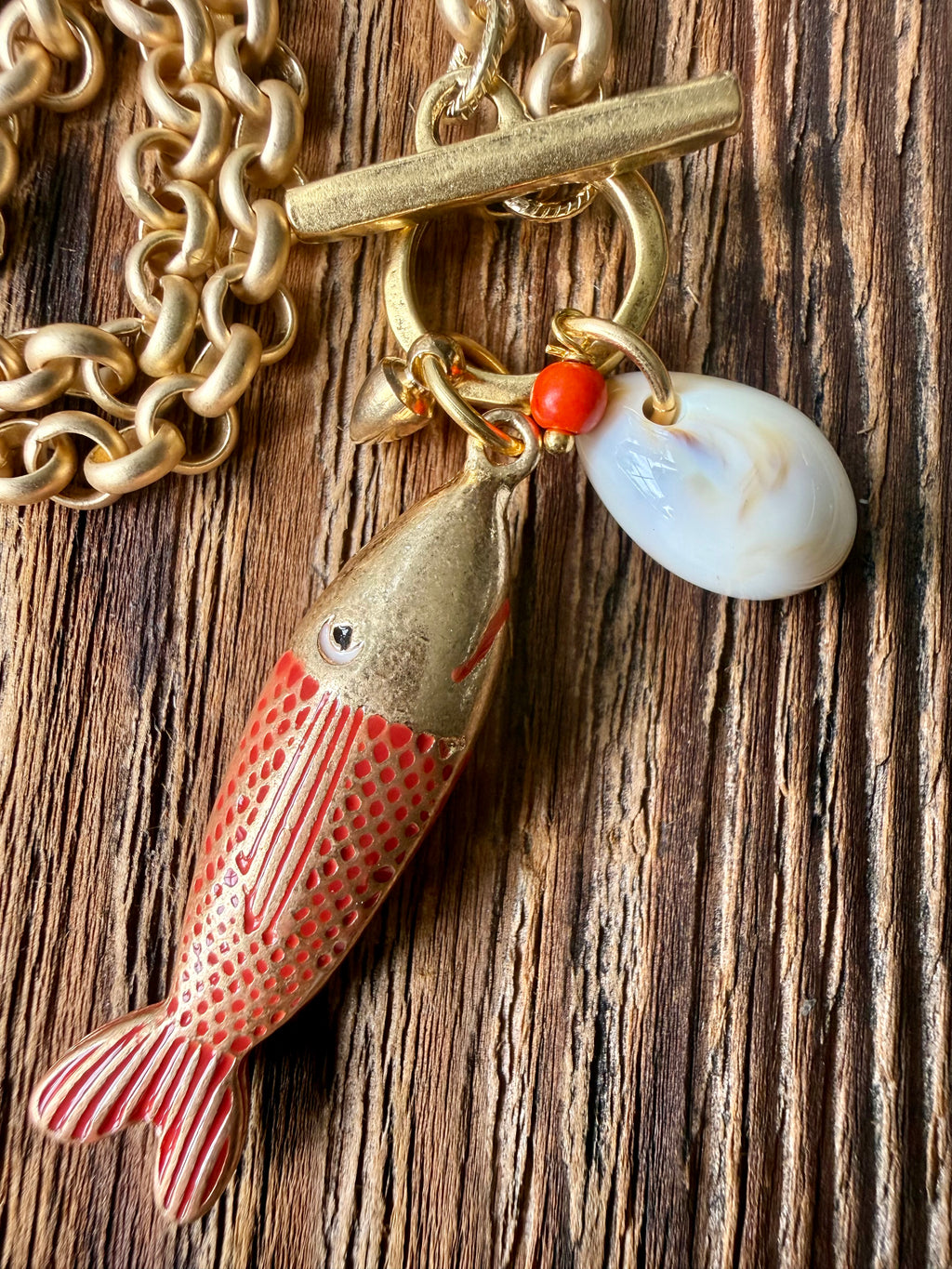 Enamel and Brass Fish Charm Necklace — Charm Cluster 18"