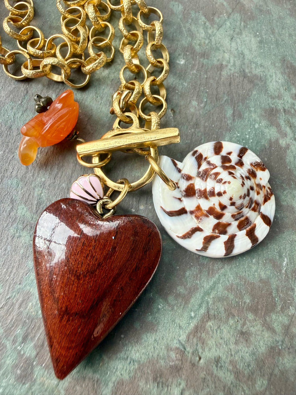 Cone Shell, Turtle and Wood Heart Necklace — Sea Charm Cluster 18"