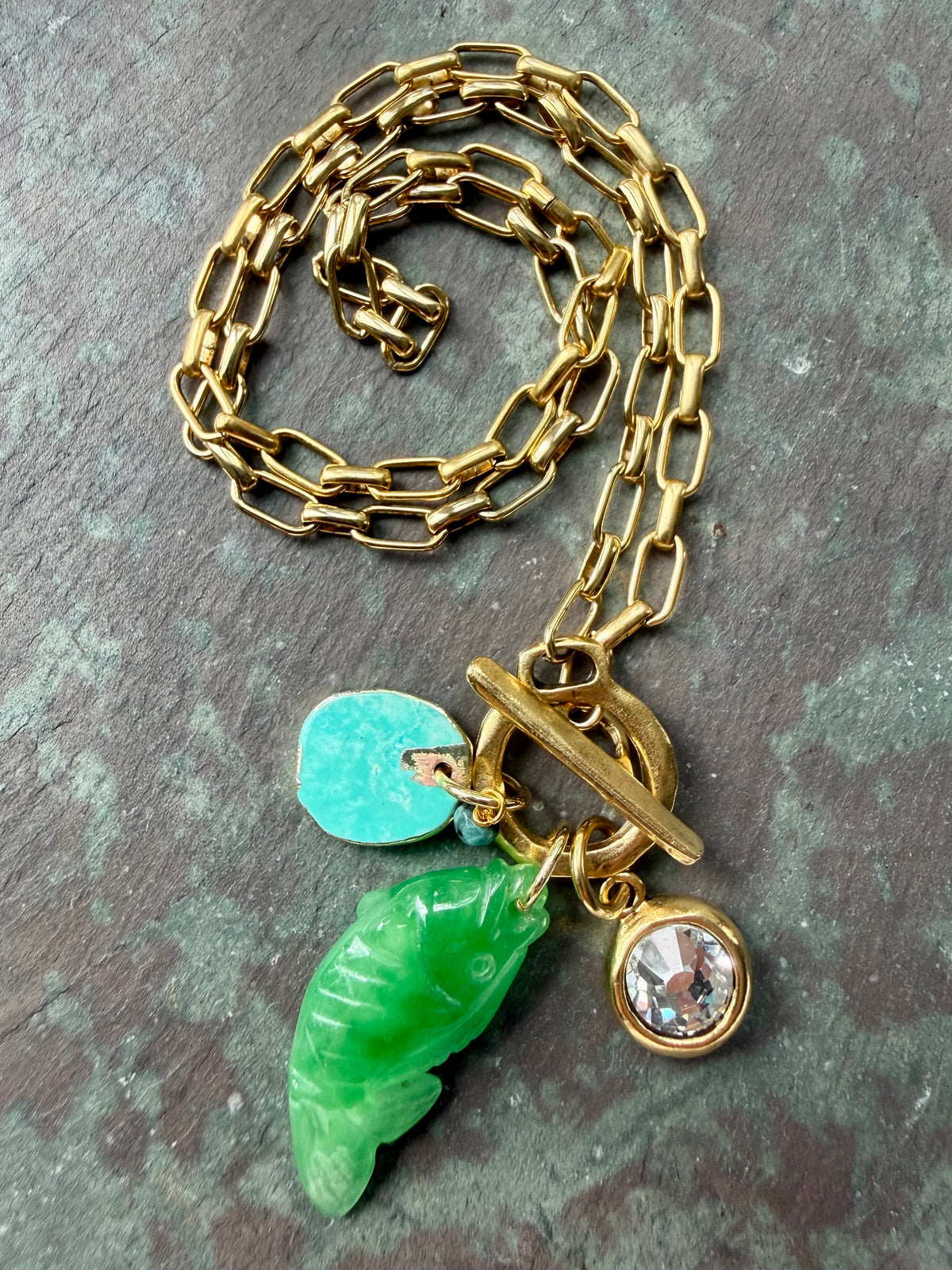 Green Jade Fish & Swarovski Crystal Necklace — Jade Charm Cluster 18"
