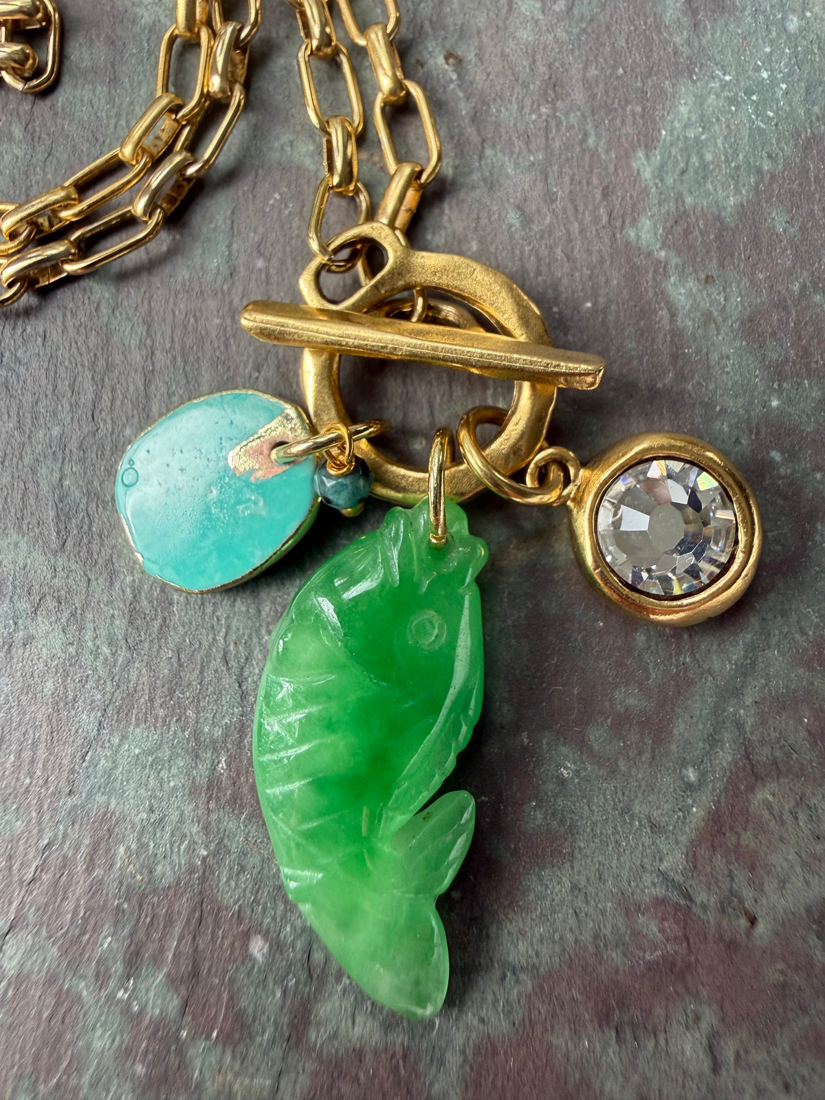 Green Jade Fish & Swarovski Crystal Necklace — Jade Charm Cluster 18"