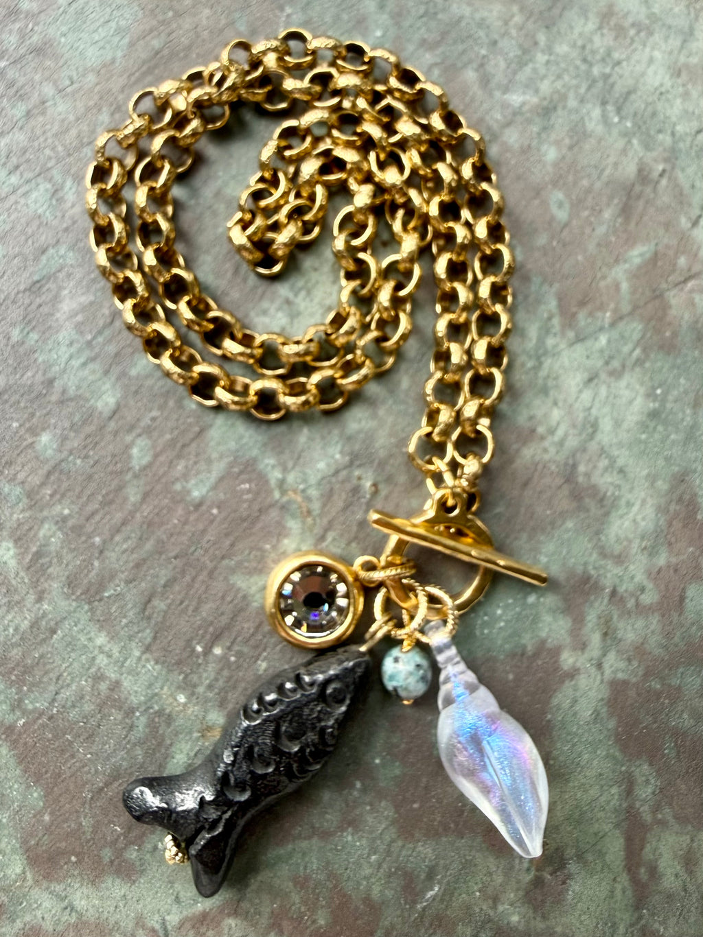 Carved Black Fish and Swarovski Pendant Necklace — Sea Charm Cluster 18"