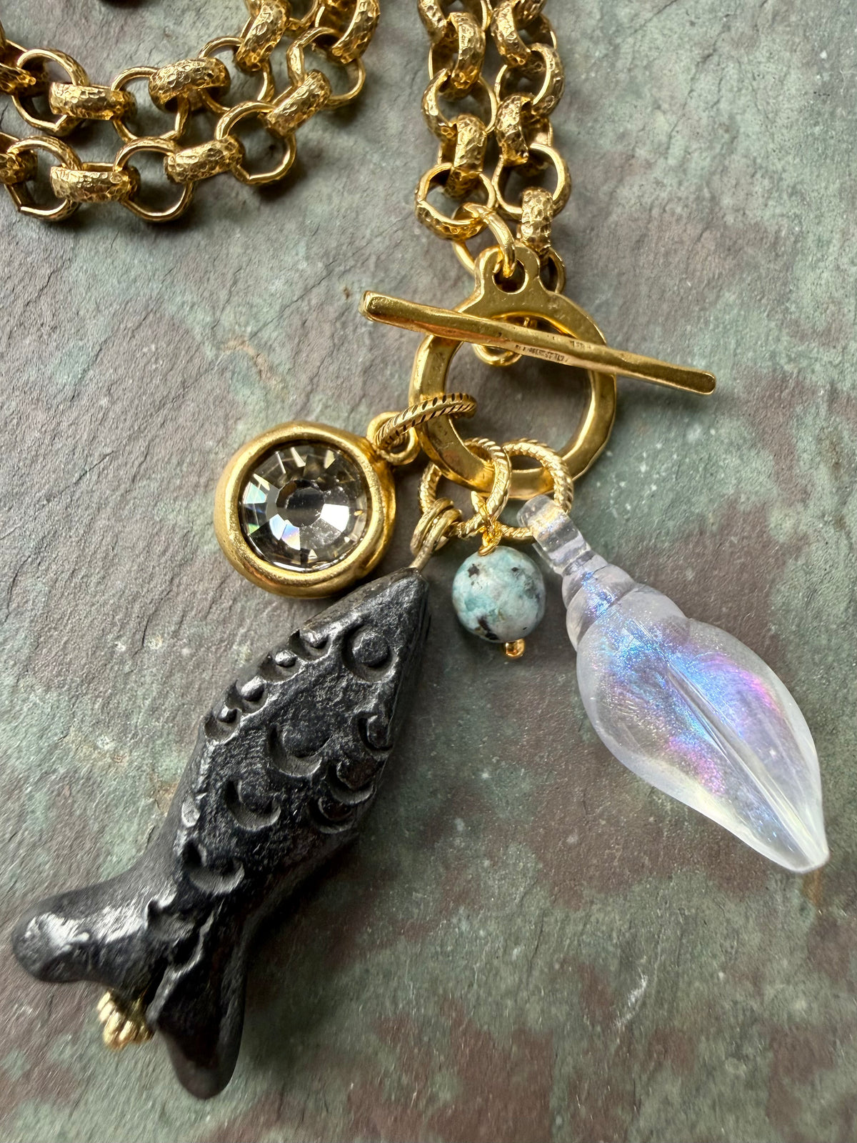 Carved Black Fish and Swarovski Pendant Necklace — Sea Charm Cluster 18"