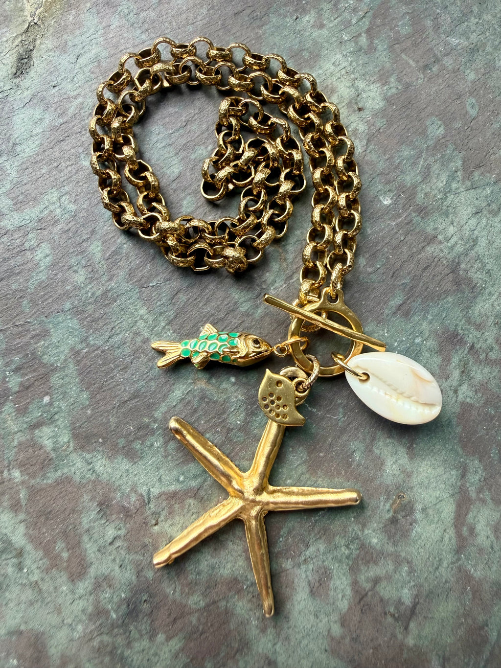 Sea Star (Starfish) Enamel Fish and Shell Necklace — Sea Charm Cluster 18"
