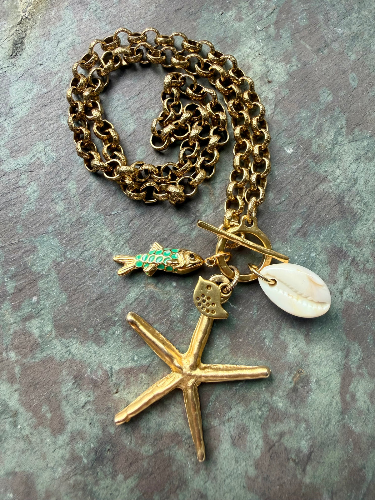 Sea Star (Starfish) Enamel Fish and Shell Necklace — Sea Charm Cluster 18"