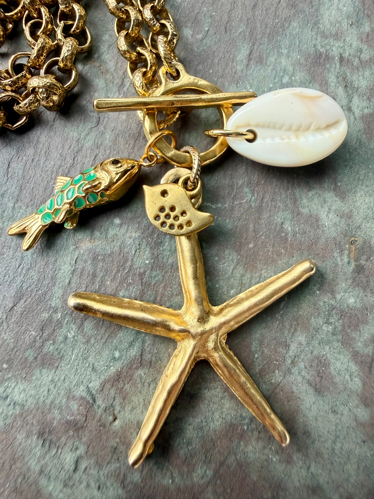 Sea Star (Starfish) Enamel Fish and Shell Necklace — Sea Charm Cluster 18"