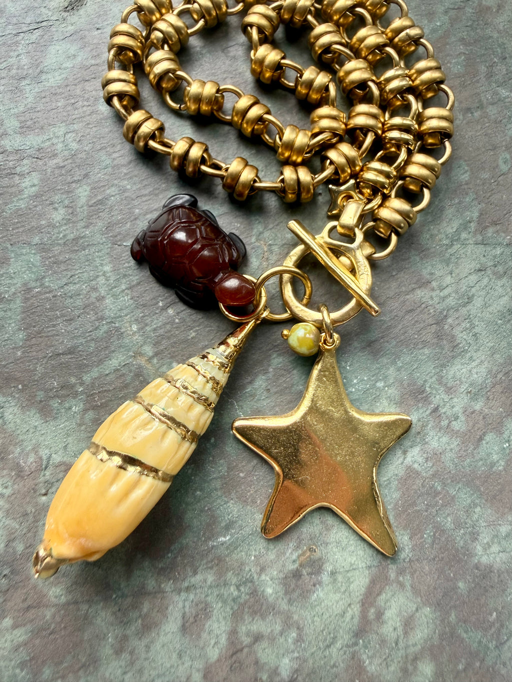 Vintage Trifari Shell Pendant Necklace — Sea Charm Cluster 18"