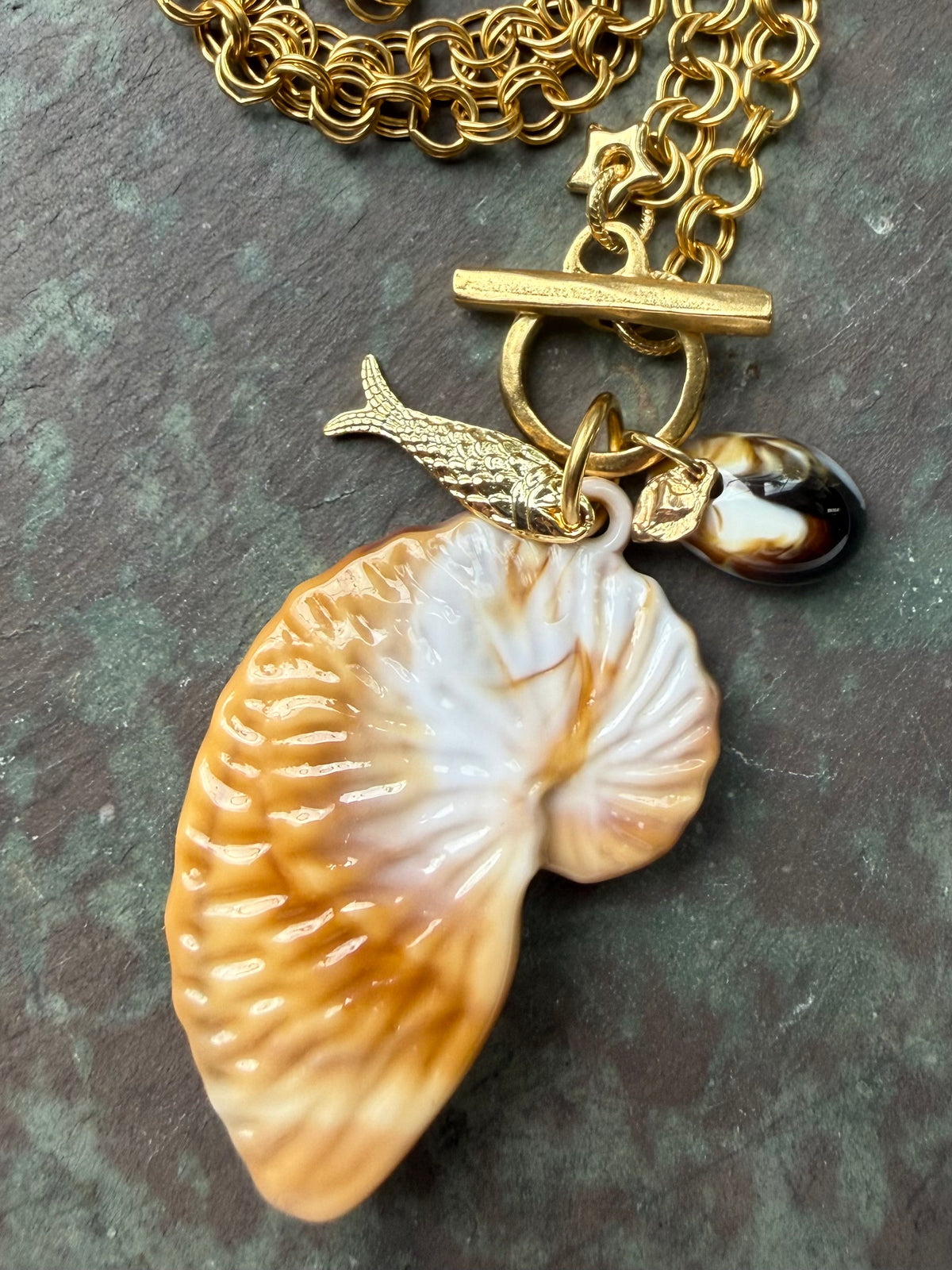 Marbled Nautilus Shell Necklace — Brass and Acrylic 18" (Copy)