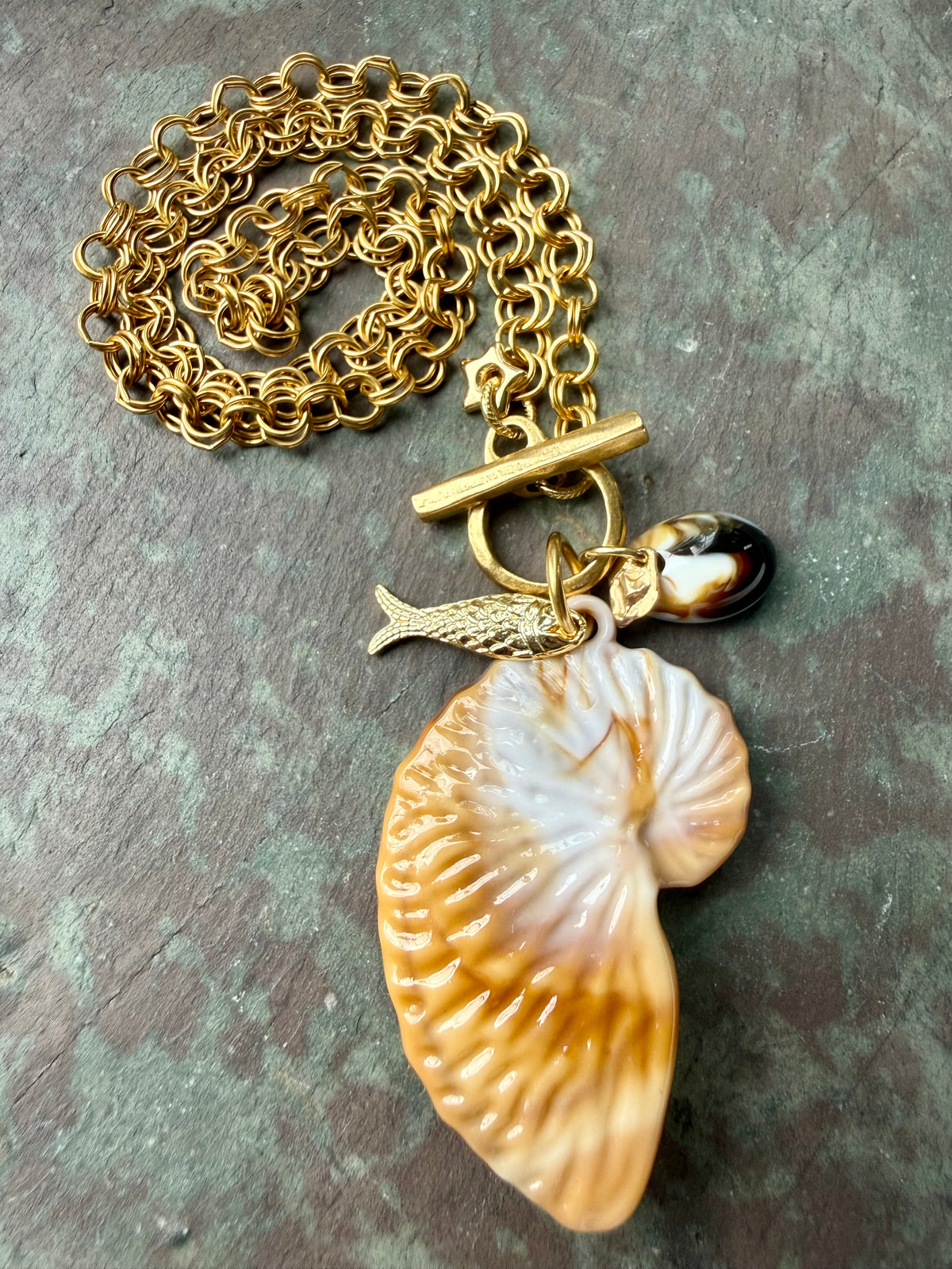 Marbled Nautilus Shell Necklace — Brass and Acrylic 18" (Copy)