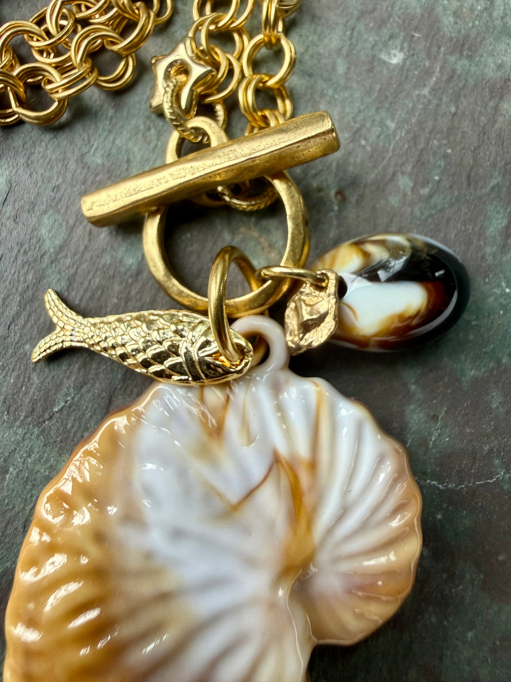 Marbled Nautilus Shell Necklace — Brass and Acrylic 18" (Copy)