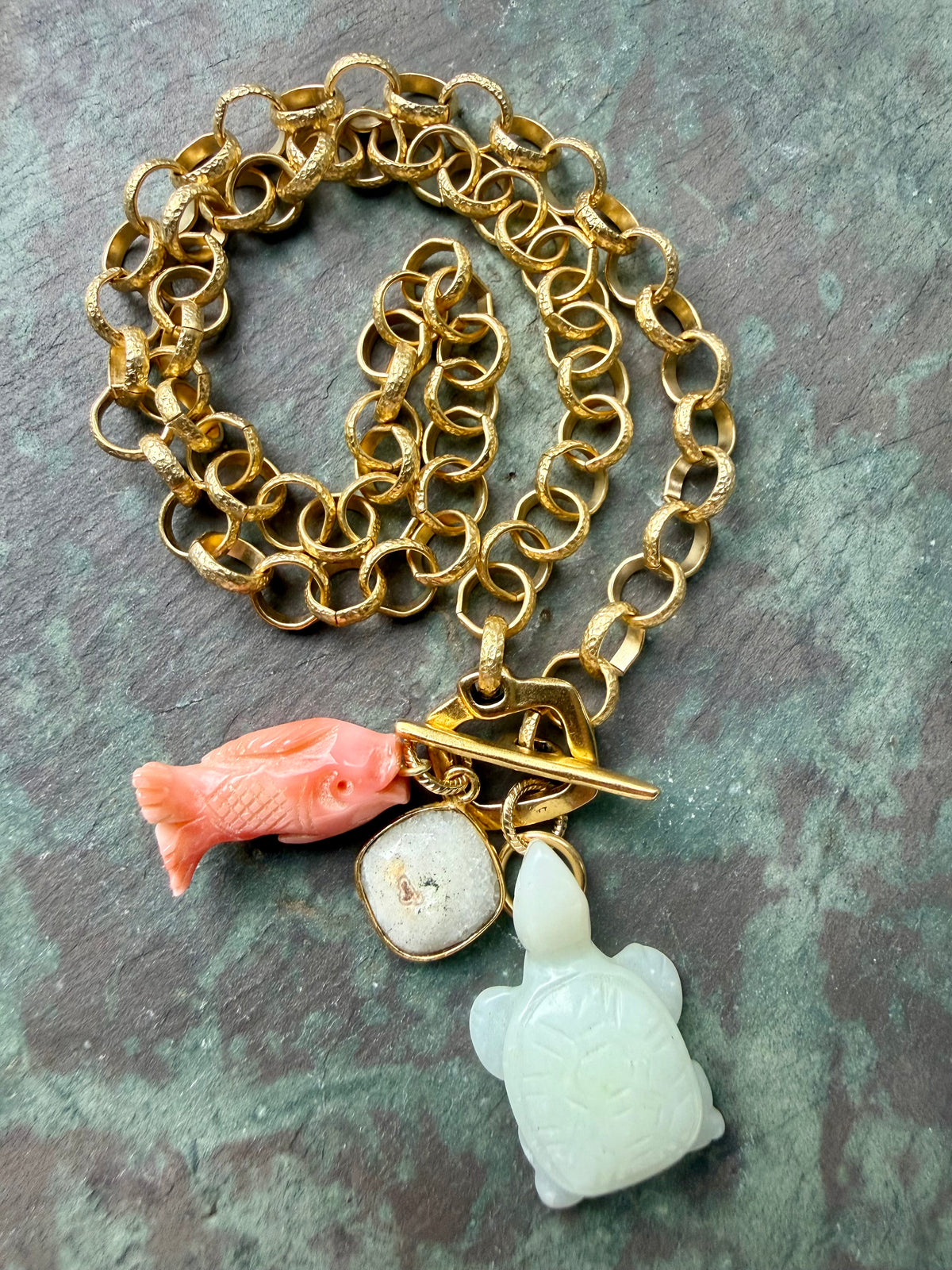 Jade Turtle and Fish Necklace — Jade Charm Cluster 18"