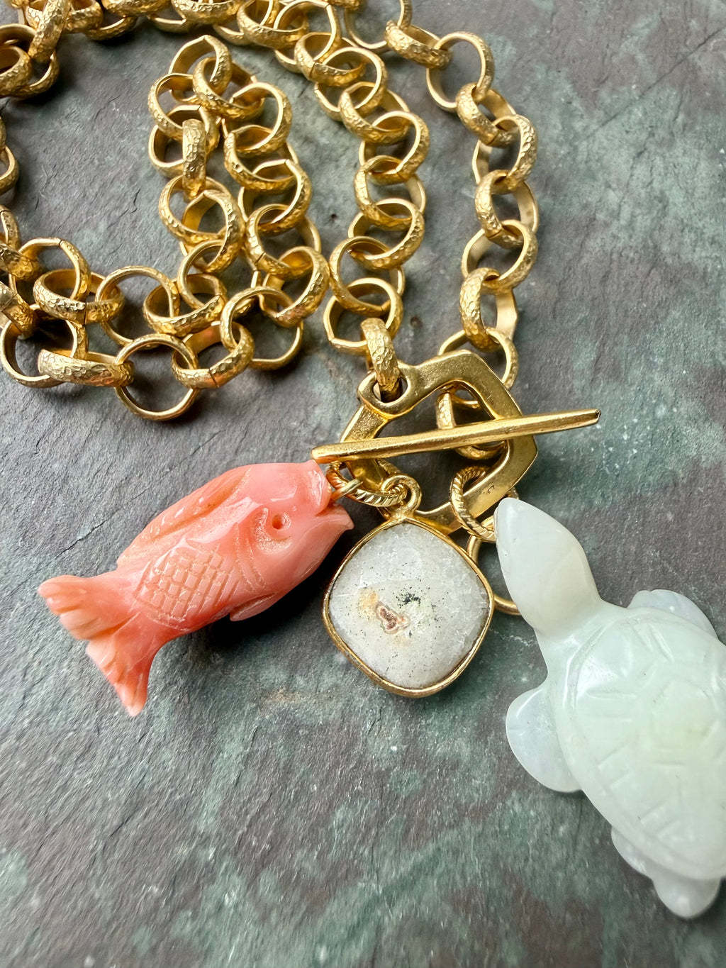 Jade Turtle and Fish Necklace — Jade Charm Cluster 18"