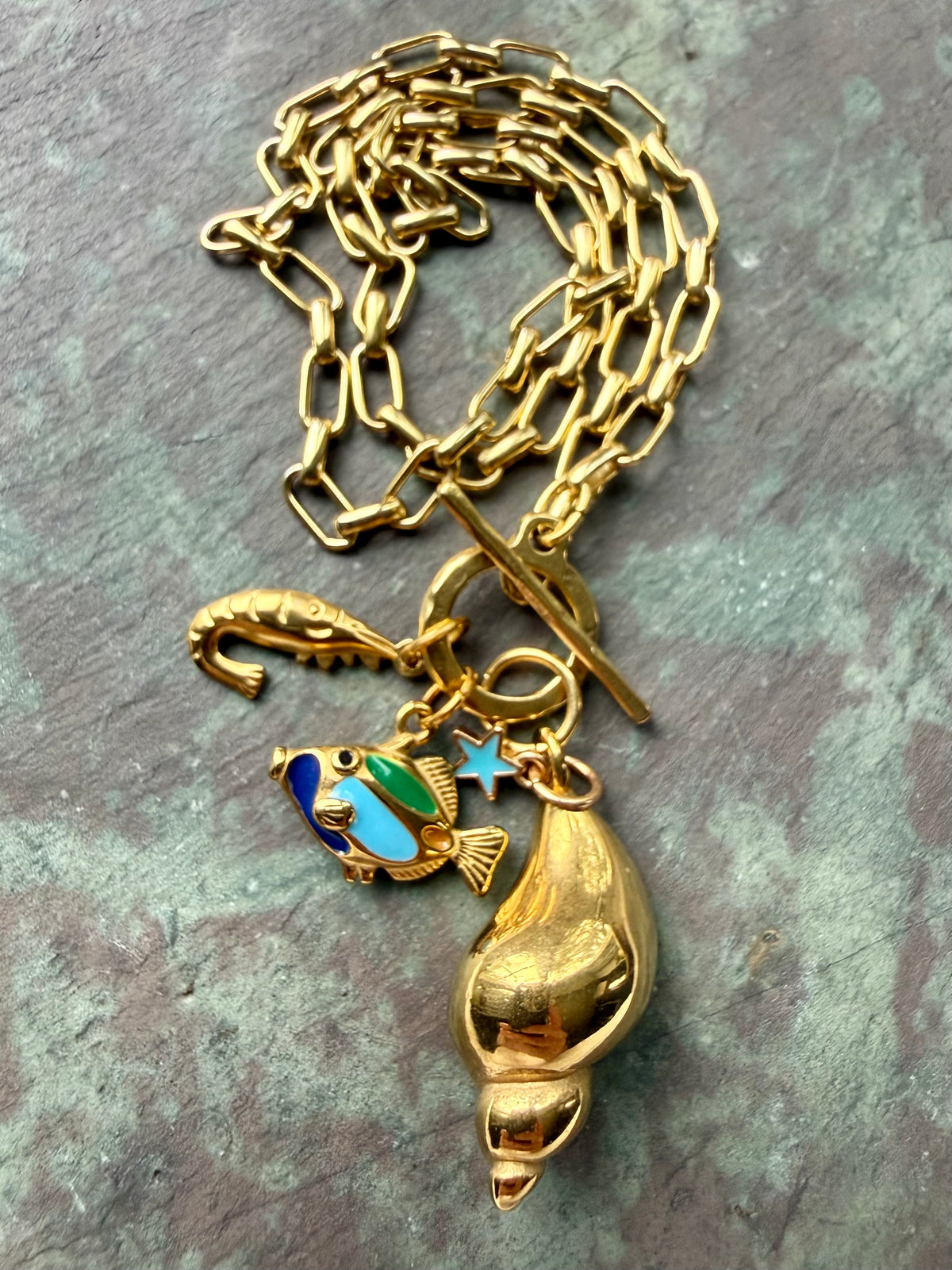 Brass Shell, Shrimp and Enamel Fish — Sea Charm Cluster 18"