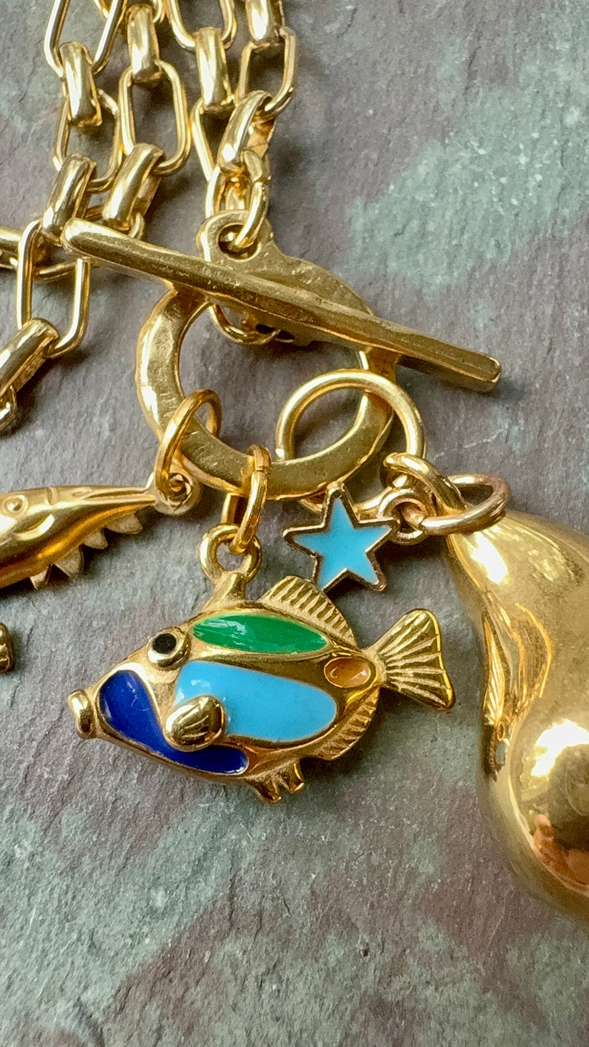 Brass Shell, Shrimp and Enamel Fish — Sea Charm Cluster 18"